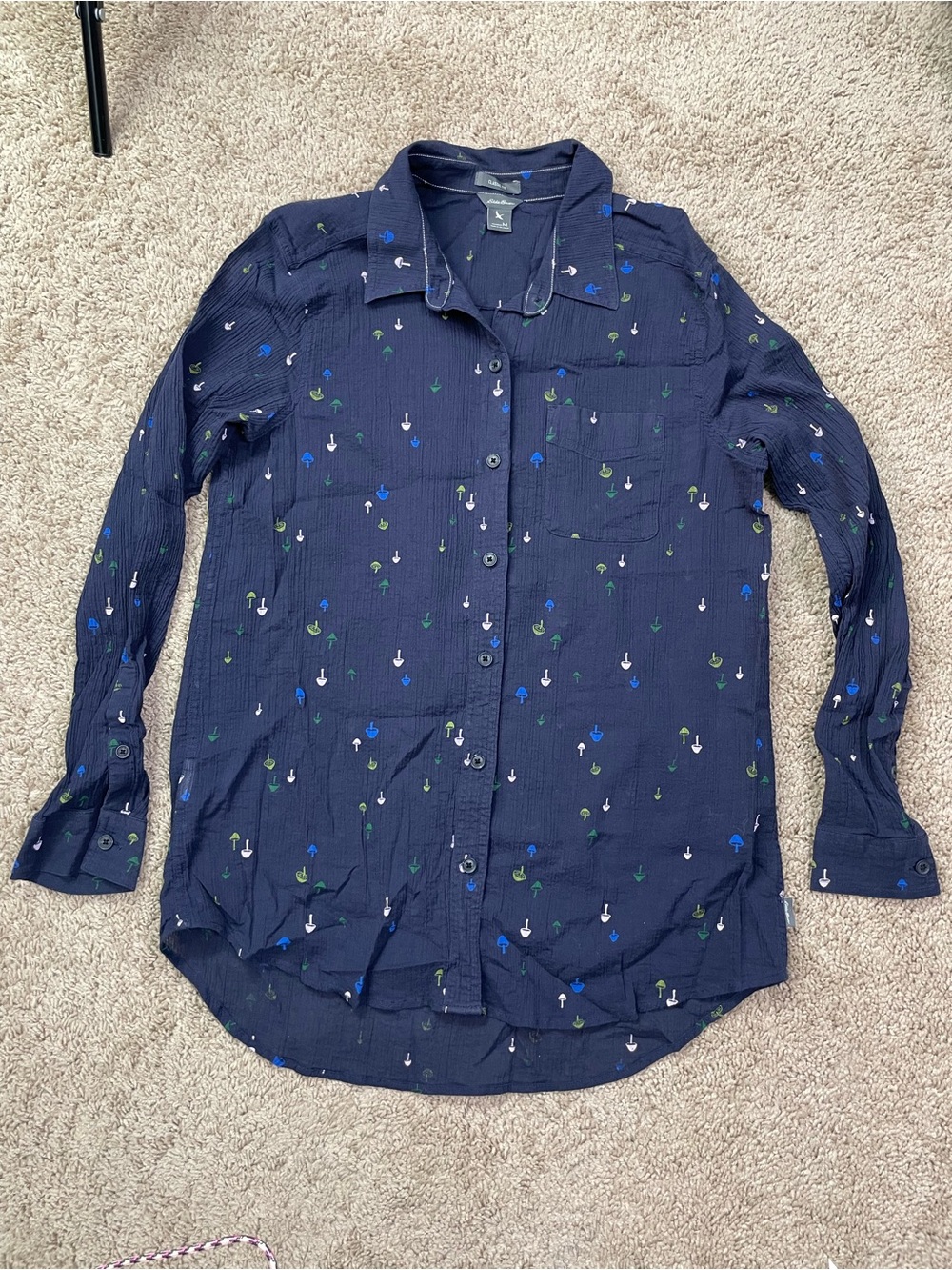 Eddie Bauer Classic Fit Navy Blue Button-Down Shirt with Mushroom Print
